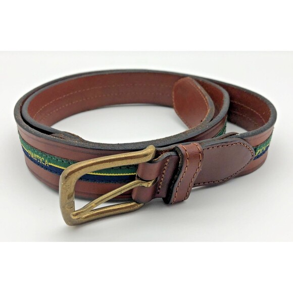 Nautica Mens Leather Belt Size 42 Brown Spellout Ribbon Logo Brass - Picture 1 of 7